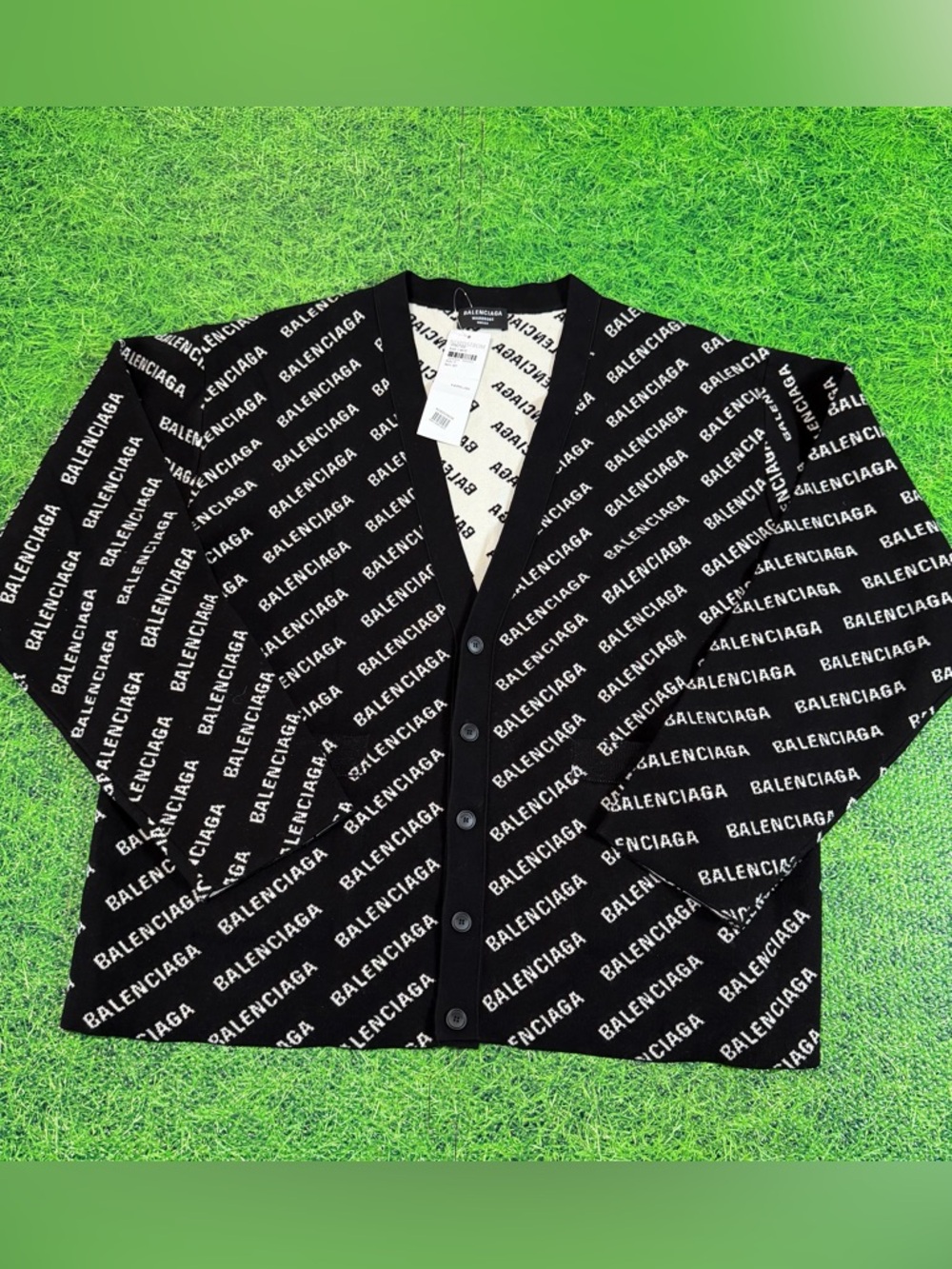 BALENCIAGA 22AW All Over Logo Cardigan (Size 4) Oversized 26x29 Cotton Black AOP
